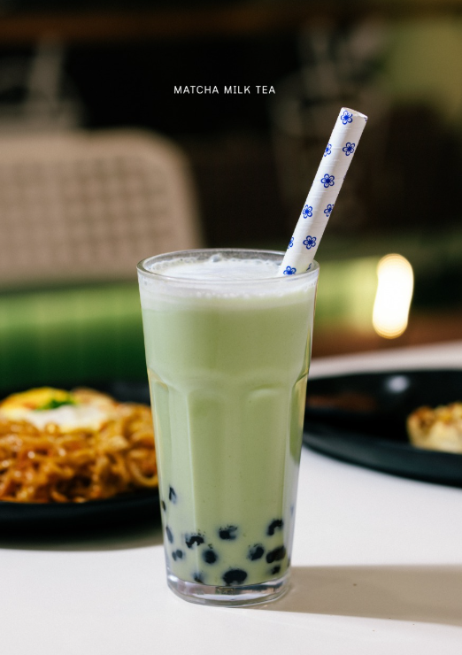 BUB'L matcha milk tea with tapioca pearls