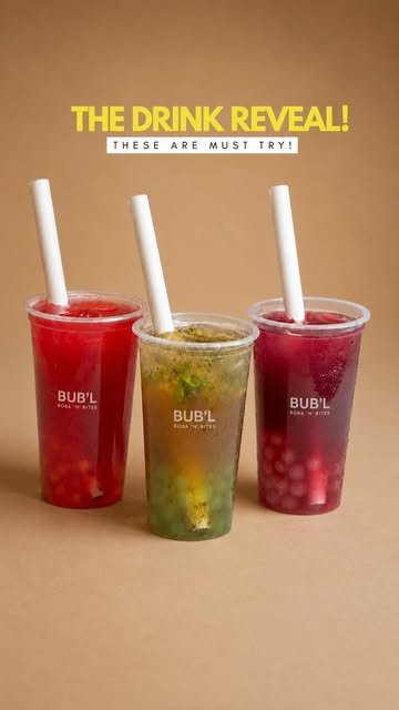 Three bright BUB'L fruit teas with popping pearls