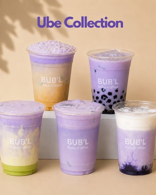 Five pastel purple drinks from the BUB'L ube collection